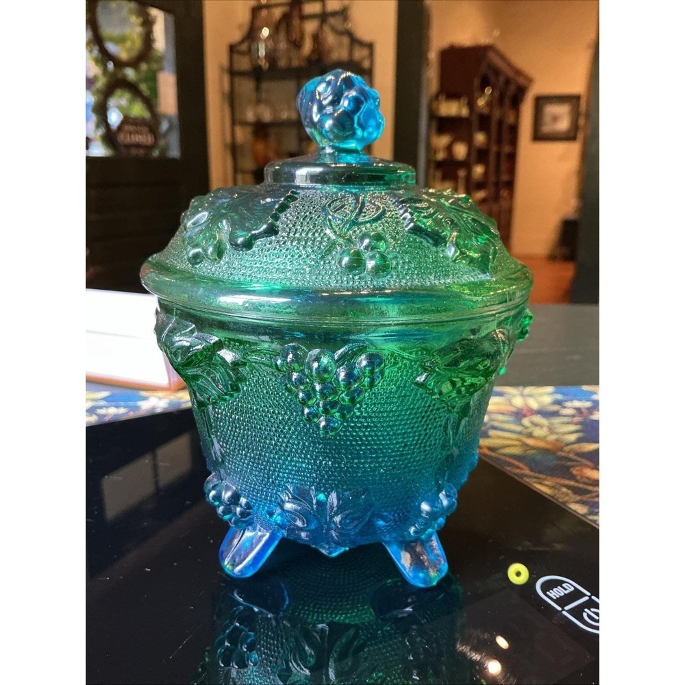 Vintage Jeannette Glass 5.5" Blue/Green Harvest Grapes Blue/Green Jar w/ Lid